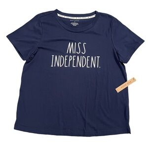 RAE DUNN Graphic T-Shirt Miss Independent Navy Blue Cotton Blend Relaxed Top Med